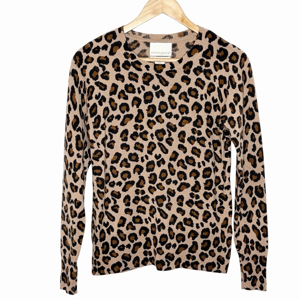 Cynthia Rowley Leopard Print 2 Ply Cashmere Sweater Womens Size M Quiet Luxury